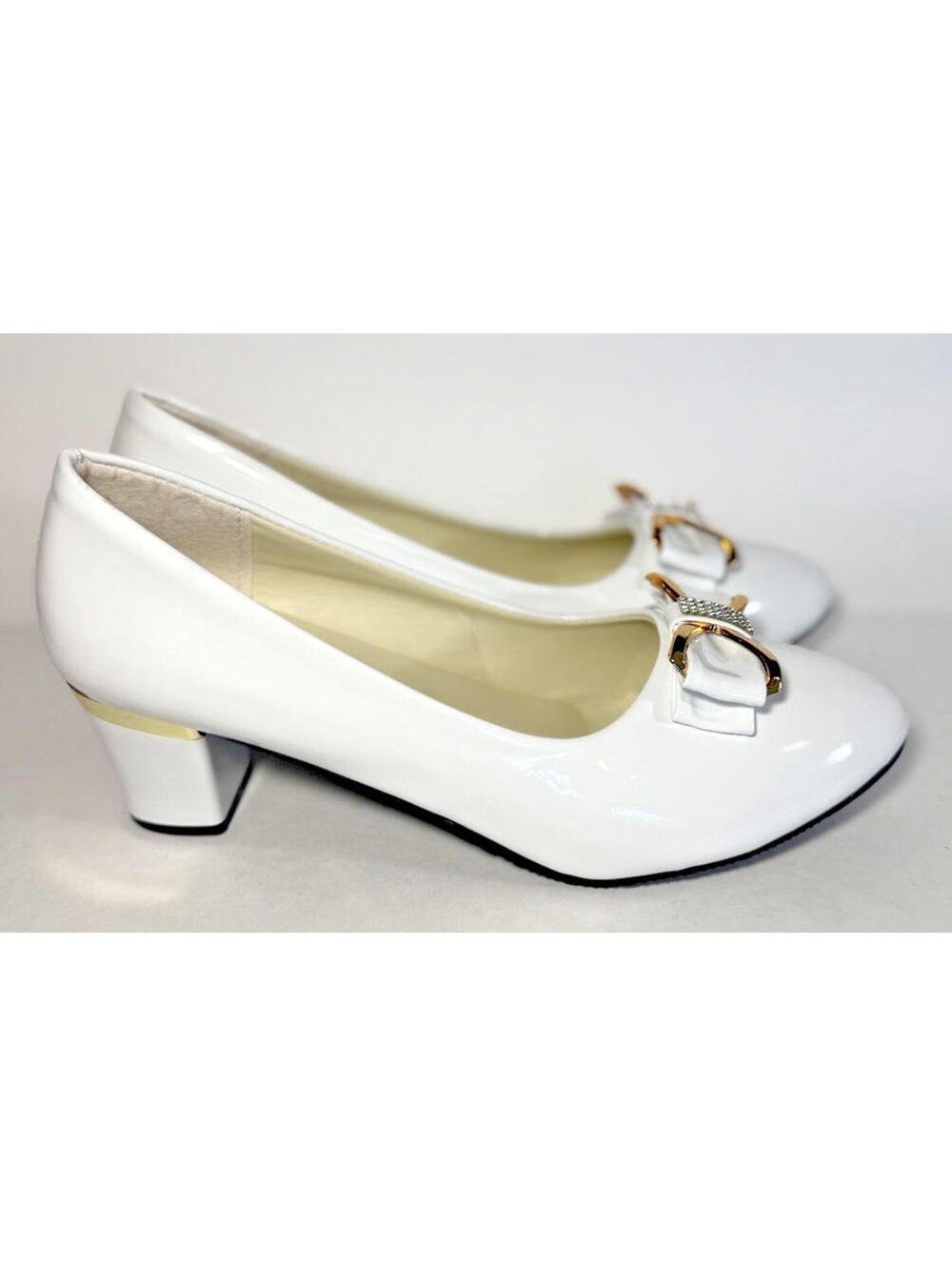 MING KE Heel Pumps Slip on Gold Bow Rhinestone Shoes White